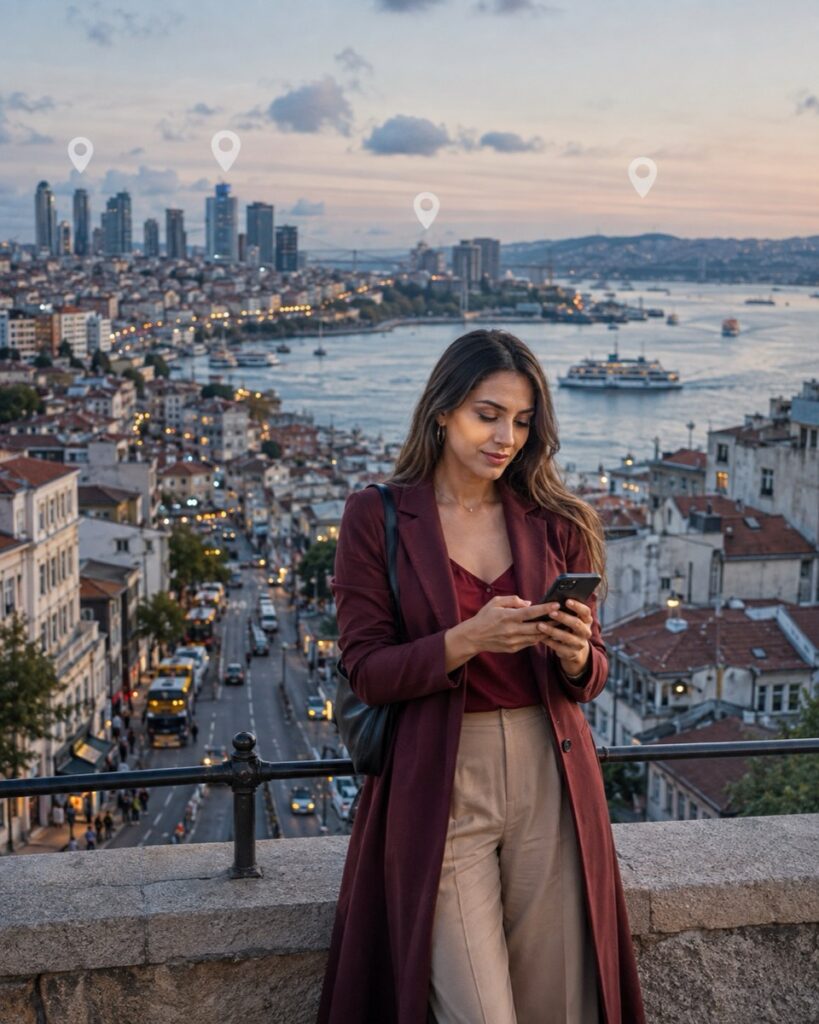 İstanbul semtlerinin dijital kimliğini telefonundan inceleyen kadın